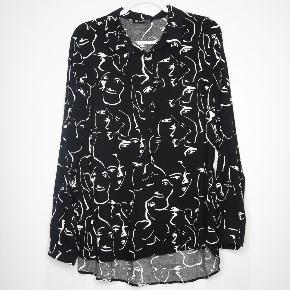 Big Dart Womens Button Up Shirt 2X Black White Face Silhouette Print Office 90s‎